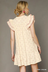 Umgee Bow Print Ruffled Cap Sleeve Mini Dress