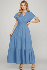 She + Sky Surplice Short Sleeve Tiered Maxi Dress With Pockets