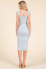 Cap Sleeve Shirred Printed Midi Dress W/ Side Slit
