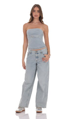 Belted Denim Top in Washed Blue