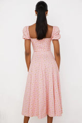 Pink Printed Puff Sleeve Midi Dress