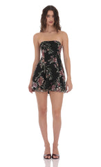 Sequin Floral Strapless Dress in Black