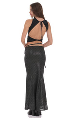 Foil Mesh Wrap Maxi Skirt in Black
