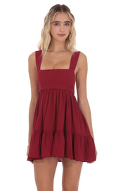 Square Neckline Babydoll Dress in Red