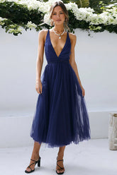 Plunging Neck Backless Mesh Midi Dress