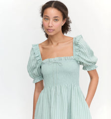 Couturebud The Scarlett Mini Nap Dress - Sage Green Tonal Seersucker