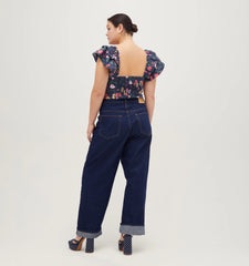 Couturebud The Zuri Top - Navy Peony Bouquet Cotton Sateen