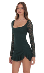 Green Lace Ruffle Long Sleeve Dress