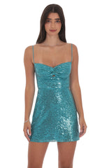 Sequin Front Twist Bodycon Dress in Aqua