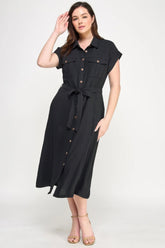 Front Tied Buttoned Short Sleeve Dress