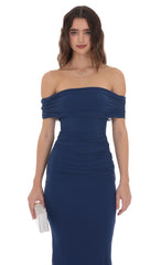 Mesh Shell Off Shoulder Maxi Dress in Navy