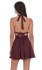 Pinstripe Halter Fit and Flare Dress in Burgundy