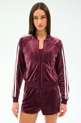 Heritage Velour Bomber - Dark Cherry/White