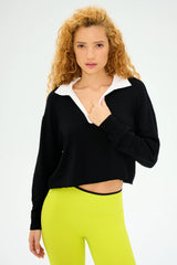 Joan Fleece Polo Sweatshirt - Black/White