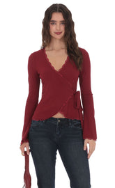 LaceTrim Wrap Top in Burgundy