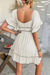 Off Shoulder Square Neck Ruffle Trim Short Dress