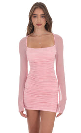 Pleated Mesh Bodycon Dress in Pink