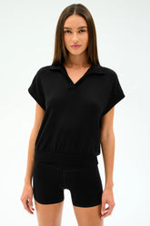 Evie Fleece Sleeveless Polo - Black