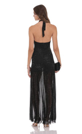 Black Rhinestone Plunge Cowl Neck Maxi Dress