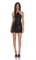 Sequin Florette Halter Dress in Black