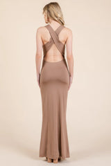 Cowl Neck Cross Back Shirring Maxi Dress