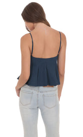 Navy Pinstripe Pleated Flare Top