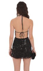 Mesh Sequin Halter Dress in Black