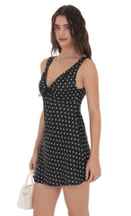 Satin Polka Dot V-Neck Dress in Black