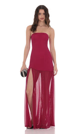 Mesh Strapless Maxi Dress in Magenta