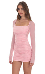 Pleated Mesh Bodycon Dress in Pink