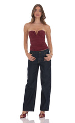 V-Strapless Ruched Top in Maroon
