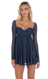 Foil Long Sleeve Babydoll Dress in Navy