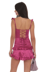 Satin Ruffle Corset Dress in Magenta