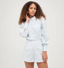 Couturebud The Dorothea Top - Powder Blue Baroque Shell Linen
