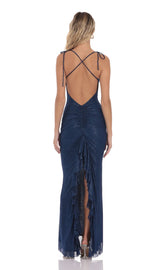Foil Back Ruffle Maxi Dress in Navy