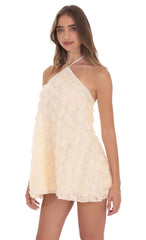Ivory Floral Halter Dress with Satin Trim