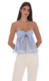 Sheen Front Tie Babydoll Top in Light Blue
