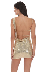 Sequin High Neck Open Back Dress in Gold