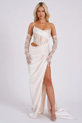 Callie Lace Satin Corset High Slit Gown