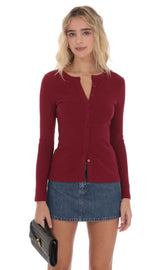 Ribbed Long Sleeve Top in Maroon