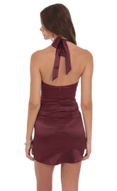 Wine Satin Halter Bodycon Dress