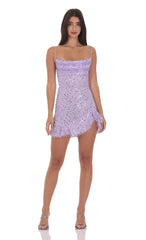 Sequin Beaded Ruffled Slit Dress in Lavender