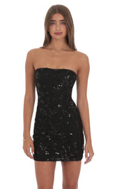 Strapless Sequin Floral Bodycon Dress in Black