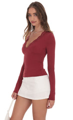 Lace V-Neck Top in Maroon
