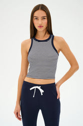 Kiki Rib Crop Tank - White/Indigo Stripe