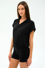 Evie Fleece Sleeveless Polo - Black