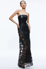 Faux Leather Gown with Lace Detail