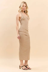 Halter Neck Ruched Asymeettrical Side Slit Dress
