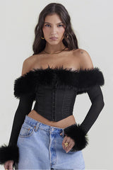 Black Faux Fur Trimmed Bustier