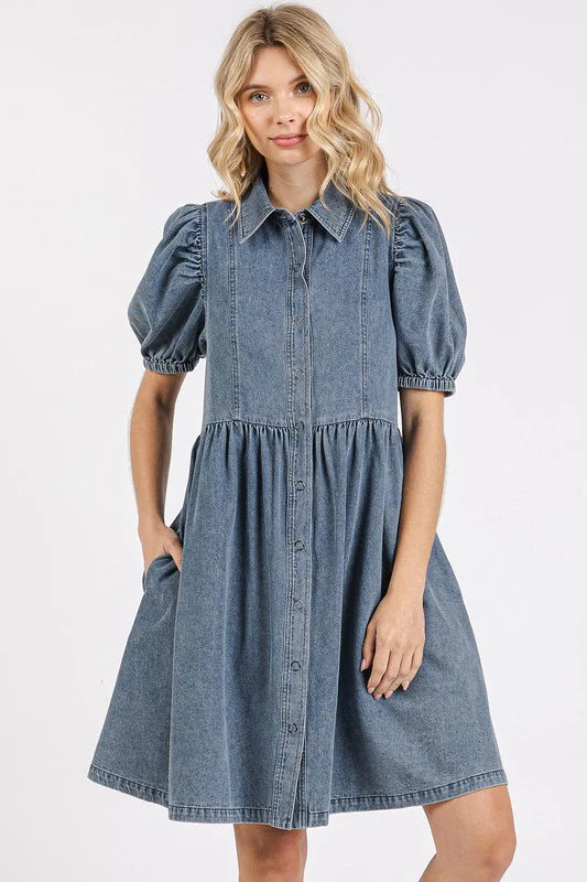 Mittoshop Button Down Puff Sleeve Denim Dress